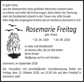 Traueranzeige von Rosemarie Freitag (geb. Haase)  von Magdeburger Volksstimme