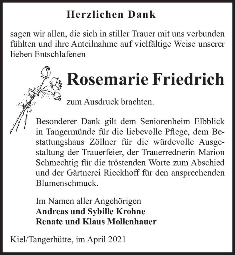  Traueranzeige für Rosemarie Friedrich  vom 24.04.2021 aus Magdeburger Volksstimme