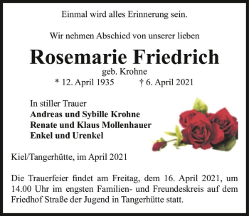 Traueranzeige von Rosemarie Friedrich (geb. Krohne)  von Magdeburger Volksstimme
