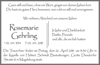 Traueranzeige von Rosemarie Gehrling  von Magdeburger Volksstimme