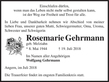 Traueranzeige von Rosemarie Gehrmann (geb. Melziahn)  von Magdeburger Volksstimme
