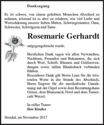 Traueranzeige von Rosemarie Gerhardt  von Magdeburger Volksstimme