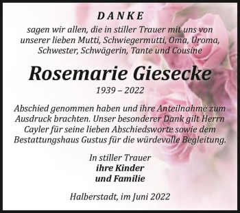 Traueranzeige von Rosemarie Giesecke  von Magdeburger Volksstimme