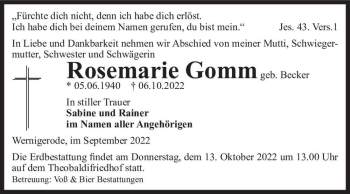 Traueranzeige von Rosemarie Gomm (geb. Becker)  von Magdeburger Volksstimme