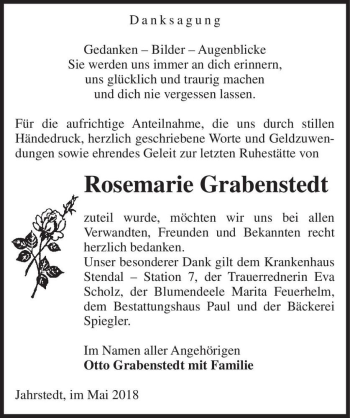 Traueranzeige von Rosemarie Grabenstedt  von Magdeburger Volksstimme