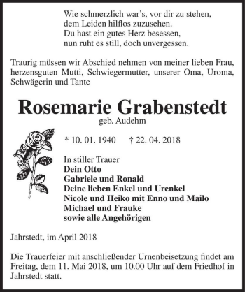 Traueranzeige von Rosemarie Grabenstedt (geb. Audehm)  von Magdeburger Volksstimme