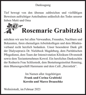 Traueranzeige von Rosemarie Grabitzki  von Magdeburger Volksstimme