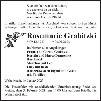 Traueranzeige von Rosemarie Grabitzki  von Magdeburger Volksstimme