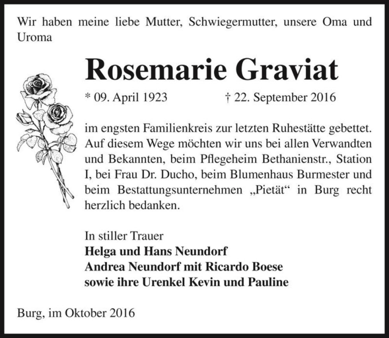  Traueranzeige für Rosemarie Graviat  vom 08.10.2016 aus Magdeburger Volksstimme