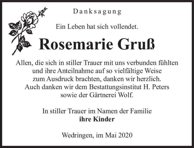  Traueranzeige für Rosemarie Gruß  vom 05.05.2020 aus Magdeburger Volksstimme