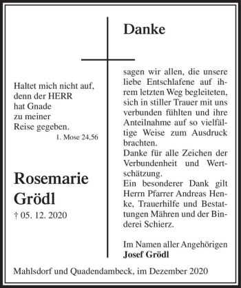 Traueranzeige von Rosemarie Grödl  von Magdeburger Volksstimme