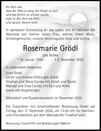 Traueranzeige von Rosemarie Grödl (geb. Bubke)  von Magdeburger Volksstimme