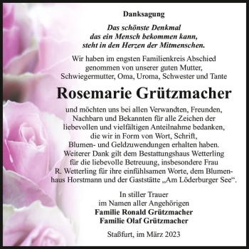 Traueranzeige von Rosemarie Grützmacher  von Magdeburger Volksstimme