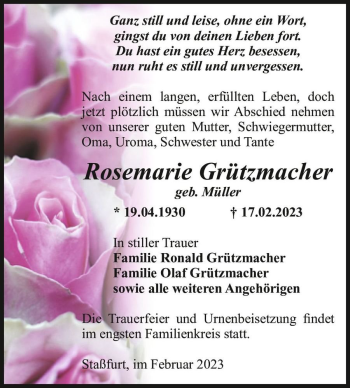 Traueranzeige von Rosemarie Grützmacher (geb. Müller)  von Magdeburger Volksstimme