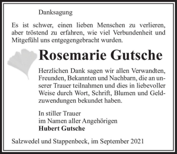 Traueranzeige von Rosemarie Gutsche  von Magdeburger Volksstimme