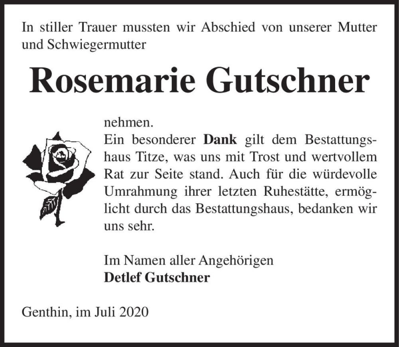  Traueranzeige für Rosemarie Gutschner  vom 25.07.2020 aus Magdeburger Volksstimme
