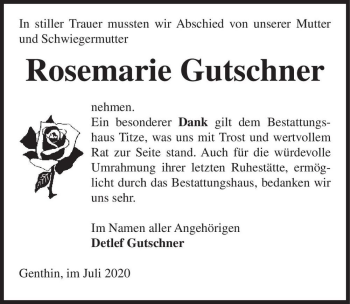 Traueranzeige von Rosemarie Gutschner  von Magdeburger Volksstimme