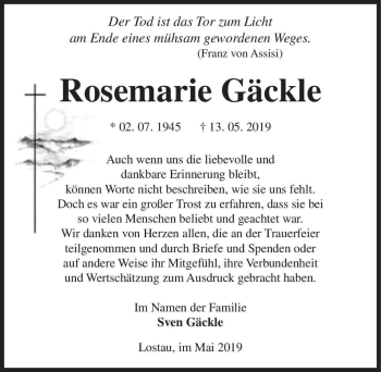 Traueranzeige von Rosemarie Gäckle  von Magdeburger Volksstimme