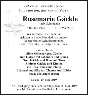 Traueranzeige von Rosemarie Gäckle (geb. Schmigalla)  von Magdeburger Volksstimme