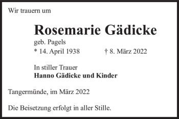 Traueranzeige von Rosemarie Gädicke (geb. Pagels)  von Magdeburger Volksstimme