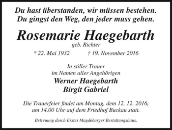 Traueranzeige von Rosemarie Haegebarth (geb. Richter)  von Magdeburger Volksstimme