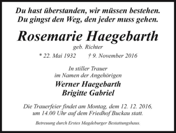 Traueranzeige von Rosemarie Haegebarth (geb. Richter)  von Magdeburger Volksstimme