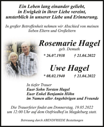 Traueranzeige von Rosemarie Hagel (geb. Demuth) und Uwe Hagel  von Magdeburger Volksstimme
