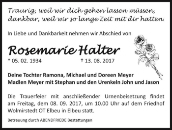 Traueranzeige von Rosemarie Halter  von Magdeburger Volksstimme