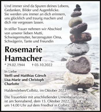 Traueranzeige von Rosemarie Hamacher  von Magdeburger Volksstimme
