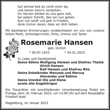 Traueranzeige von Rosemarie Hansen (geb. Grimm)  von Magdeburger Volksstimme