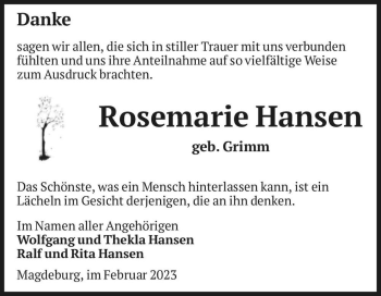 Traueranzeige von Rosemarie Hansen (geb. Grimm)  von Magdeburger Volksstimme