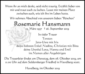 Traueranzeige von Rosemarie Hansmann 