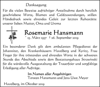 Traueranzeige von Rosemarie Hansmann  von Magdeburger Volksstimme
