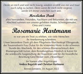 Traueranzeige von Rosemarie Hartmann  von Magdeburger Volksstimme
