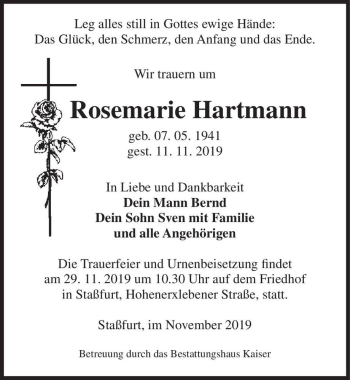 Traueranzeige von Rosemarie Hartmann  von Magdeburger Volksstimme