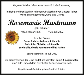 Traueranzeige von Rosemarie Hartmann (geb. Schubert)  von Magdeburger Volksstimme