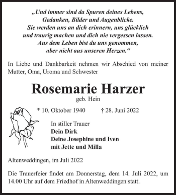 Traueranzeige von Rosemarie Harzer (geb. Hein)  von Magdeburger Volksstimme