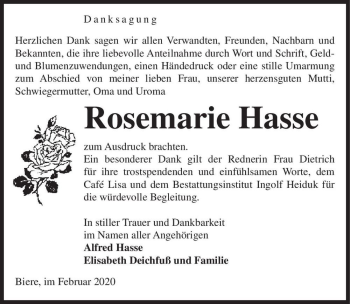 Traueranzeige von Rosemarie Hasse  von Magdeburger Volksstimme