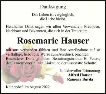 Traueranzeige von Rosemarie Hauser  von Magdeburger Volksstimme