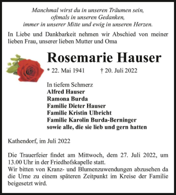 Traueranzeige von Rosemarie Hauser  von Magdeburger Volksstimme