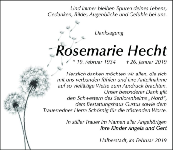 Traueranzeige von Rosemarie Hecht  von Magdeburger Volksstimme