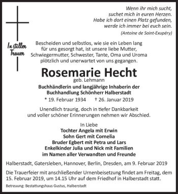 Traueranzeige von Rosemarie Hecht (geb. Lehmann)  von Magdeburger Volksstimme