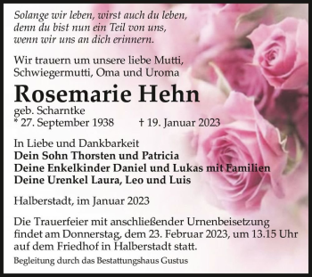 Traueranzeige von Rosemarie Hehn (geb. Scharntke)  von Magdeburger Volksstimme