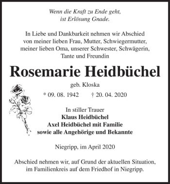 Traueranzeige von Rosemarie Heidbüchen ( geb. Kloska)  von Magdeburger Volksstimme