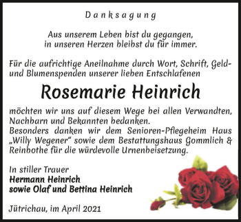 Traueranzeige von Rosemarie Heinrich  von Magdeburger Volksstimme