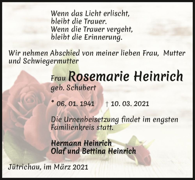  Traueranzeige für Rosemarie Heinrich (geb. Schubert)  vom 20.03.2021 aus Magdeburger Volksstimme