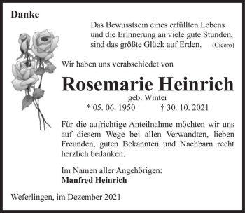 Traueranzeige von Rosemarie Heinrich (geb. Winter)  von Magdeburger Volksstimme