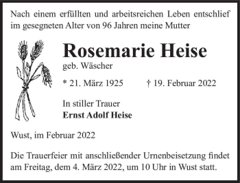 Traueranzeige von Rosemarie Heise (geb. Wäscher)  von Magdeburger Volksstimme