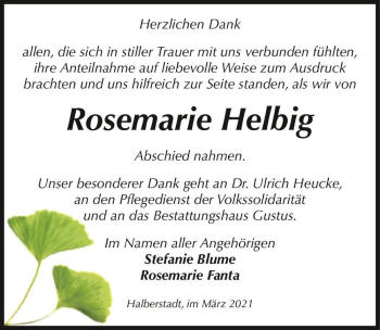 Traueranzeige von Rosemarie Helbig  von Magdeburger Volksstimme