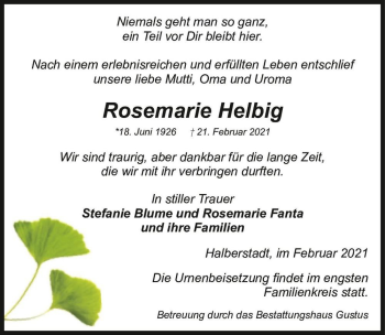 Traueranzeige von Rosemarie Helbig  von Magdeburger Volksstimme